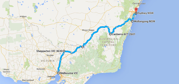 Melbourne to Sydney map